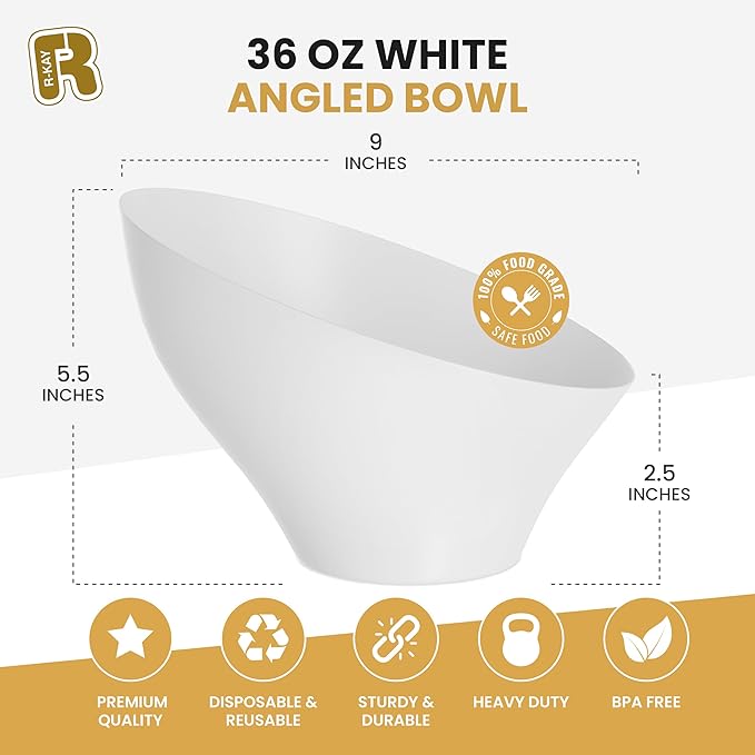 R-kay 6 Pack Large Plastic Bowls - Premium White bowls - Plastic Serving Bowls Heavy Duty For Weddings Catering, Parties, And All Occasions 36 Oz (White, Large)