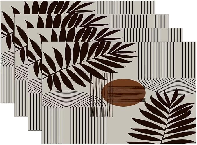 Mid Century Abstract Boho Placemats Geometric Neutral Beige Modern Leaf Plant Semicircle Art Washable Place Mats 12x18Inch for Dining Kitchen Farmhouse Decor 4 PCS
