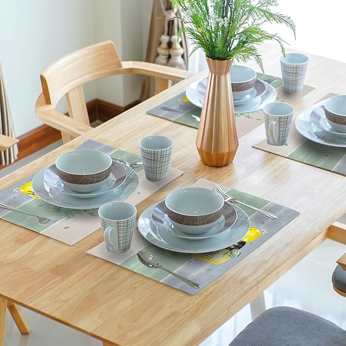 Lemon Floral Eucalyptus Vase Placemats Set of 4, 12 x 18 Inch Yellow Lemon Fruit Non-Slip Rectangle Place Mat Farmhouse Decoration for Spring Summer Seasonal Holiday Dining Table Mats