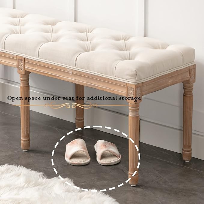 Bonzy Home 47” Bedroom Bench,French Vintage Tufted Entryway Benches Upholstered Dining Benches with Cushion,Linen Fabric End of Bed Bench for Bedroom Living Room Entryway,Beige