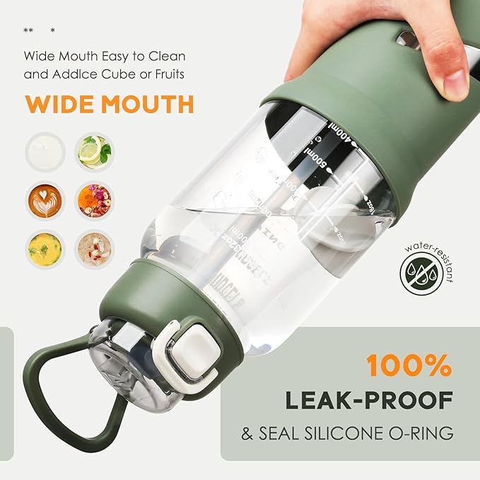 SIEROZUR 32 oz Glass Tumbler with Straw, Glass Water Bottles with 2 Lids-Handle Spout Lid & Straw Lid, 1 Liter Motivational Water Bottles, Silicone Sleeve, Fits Car Cup Holder,Olive