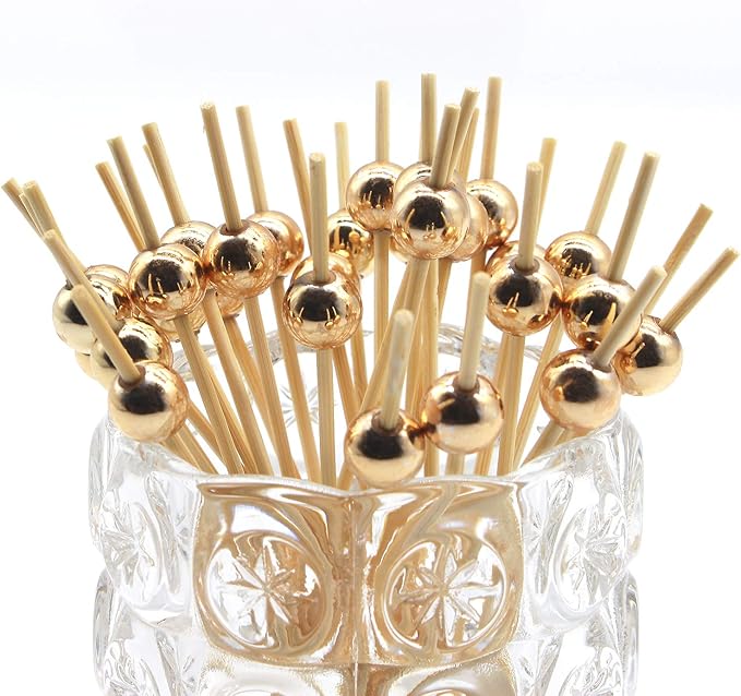 Minisland Gold Pearl Cocktail Picks, 4.7 Inch Long Bamboo Fancy Toothpicks for Appetizers, Decorative Christmas New Year Holiday Party Food Drink Garnish Fruit Kabob Skewer Sticks 100 Counts - MSL150