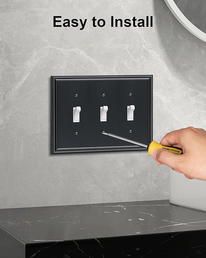 2-Pack Triple Toggle Light Switch Cover Plate, Durable Solid Zinc Alloy Decorative Switch Plate Covers, Black 3 Gang Wall Plate, Corrosion Resistant