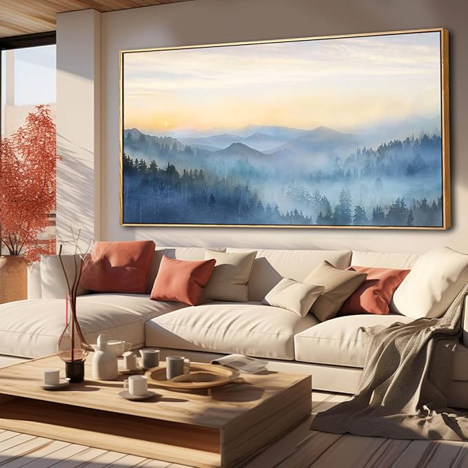 Home Decor Mountain Wall Art Blue Large Framed Artwork for Living Room Bedroom Office Wall Decorations 29x58 Inch