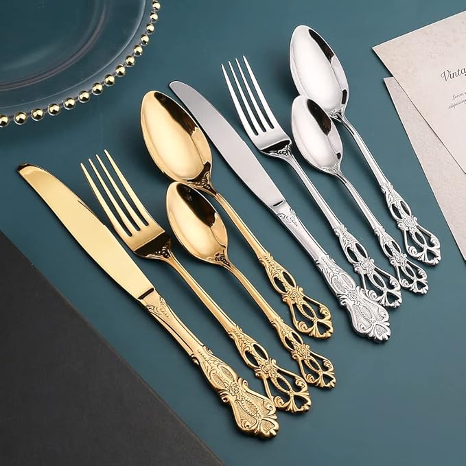 Gold Silverware Set for 14 Stainless Steel Flatware Set Palace Style Hollow Relief Decoration 56 Piece Cutlery Utensils Include Knives Forks and Spoons Tableware Set for Home Kitchen Restaurant Party