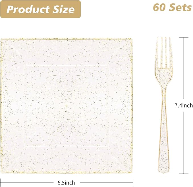 Goodluck 120PCS 6.5"Square Gold Glitter Dessert Plastic Plates with 7.4"Forks, Gold Appetizer Plates for 60 Guests, Including 60 Disposable Cake Plastic Plates and 60 Forks for Wedding/Birthday Party