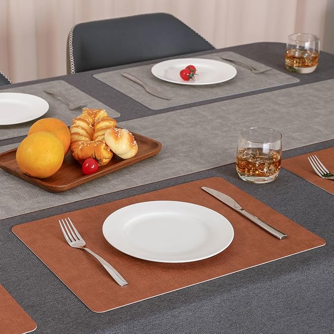 Myir JUN Reversible Vinyl Placemats Set of 6, Faux Leather Place Mats Dual Sided Waterproof Wipeable, Heat-Resistant Table Mats for Kitchen Dining Indoor Outdoor (12" x 17", Light Gray Reddish Brown)