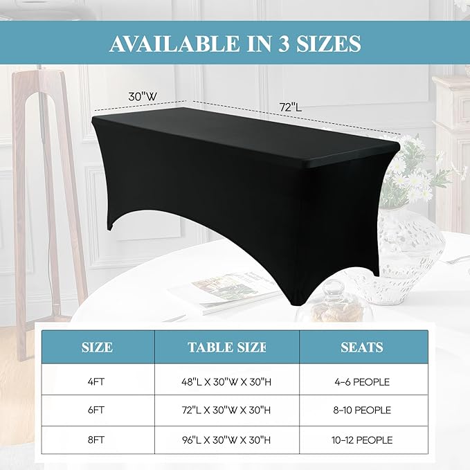 VidaFete Spandex Tablecloth 2 Pack 6FT, Fitted Stretch Table Cover for Rectangle Tables, Wrinkle Resistant and Washable Tablecloths for Outdoor, Picnic, Party, Wedding, Banquet, Birthday, Black
