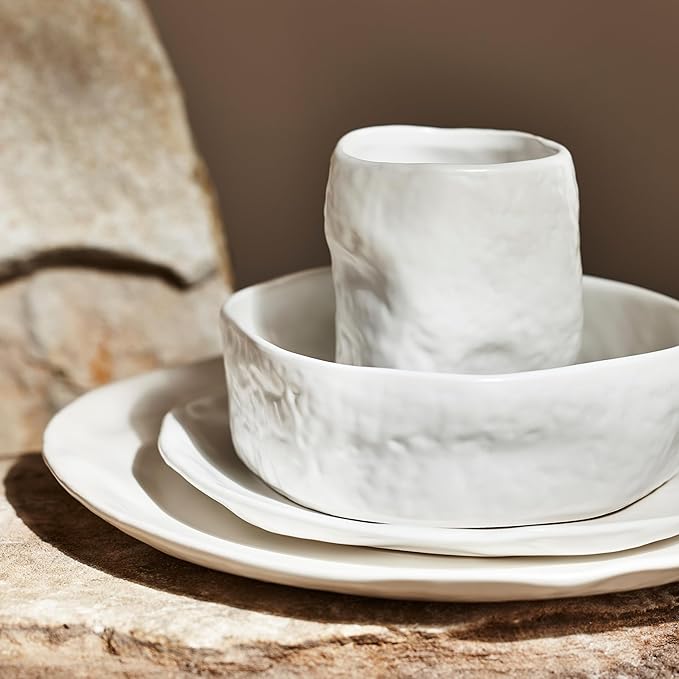 Stone by Mercer Project Atik Modern Stoneware 32-Piece Dinnerware Set, Plate and Bowl Set, Dish set for 8, White