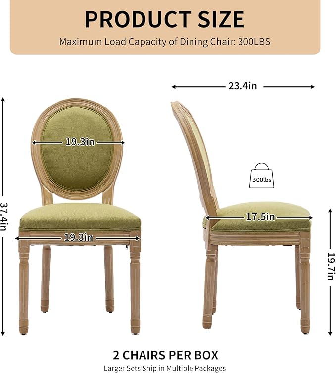 Vintage French Dining Chairs Set of 4, Round Back Upholstered Accent Chairs in Linen Fabric with Solid Wood Frame, Farmhouse Sillas de Comedor for Dining Room & Kitchen, Olive Green