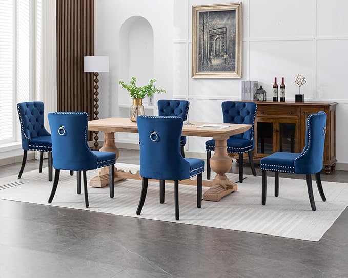 KCC Velvet Dining Chairs Set of 2, Upholstered High-end Tufted Dining Room Chair with Nailhead Back Ring Pull Trim Solid Wood Legs, Nikki Collection Modern Style for Kitchen, Blue