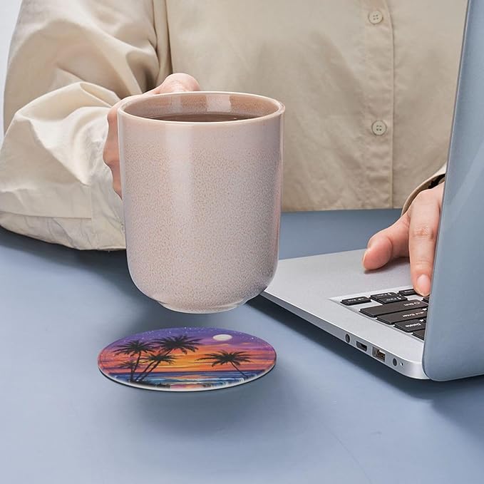 Sunset Beach Coasters for Drinks with Holder Round Leather Coasters Set of 6 Cups Mugs Mat Pad for Home Kitchen Bar