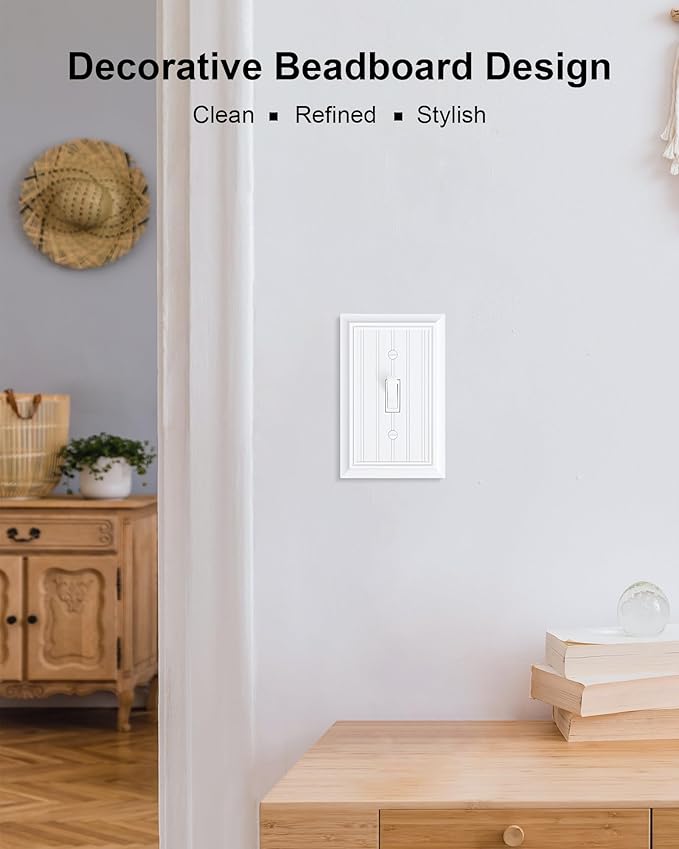 4-Pack Classic Beadboard Single Toggle Light Switch Cover Plate, Durable Natural Bamboo Fiber Decorative Switch Plate Covers, Pure White 1 Gang Wall Plate