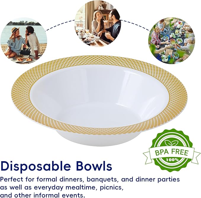 JOLLY CHEF 50 Pack Plastic Bowls with Gold Rim, 12 oz Disposable Soup Bowls, Heavy Duty Plastic Dinner Bowl for Weddings, Party, Dinners, Catering, Christmas and Everyday Use