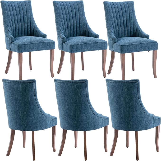 mikibama Linen Dining Chairs Set of 6 Channel Tufted Kitchen Dinner Chair Comfy Fabric Upholstered Accent Chair for Dining Room with Solid Wood Legs (Blue 6pc)