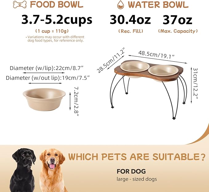 Ceramic 8.7-inch Raised Double-Bowl Set with Non-Slip Stand, 4 Cup Food or 37 oz Water Dishes for Large Dogs, Wide Opening with Rounded Edges(Oat Beige)