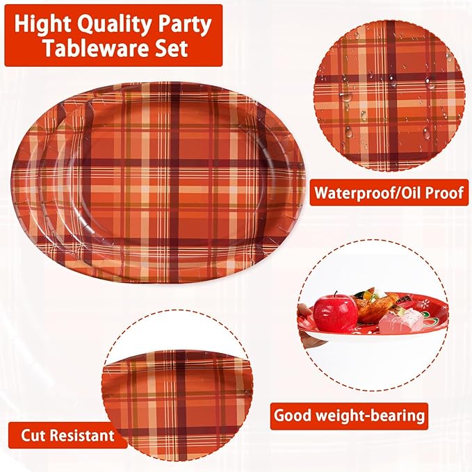 50Pcs Fall Gingham Oval Paper Plates 10" x 12" Large Heavy Duty Disposable Autumn Burnt Orange Buffalo Plaid Dessert Plates Thanksgiving Harvest Platters for Wedding Picnic Birthday Party Supplies