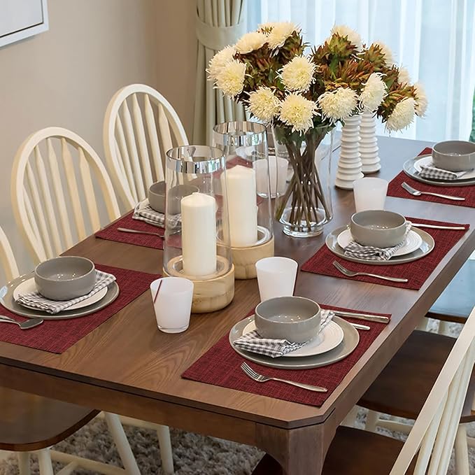 Red Placemats Set of 8, Washable Dining Table Mats Cloth Place Mats, Elegant Placemats for Valentines Day Holiday, Heat Resistant Kitchen Burgundy Place Mats, Easy to Clean(Burgundy)