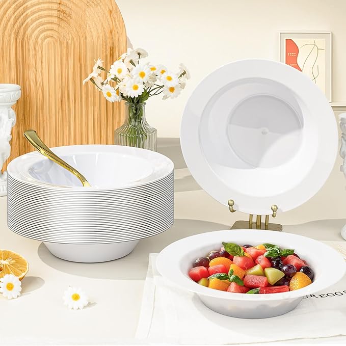 BESTVIP 50Pcs Plastic White Bowls, 12 Oz Disposable Bowls Disposable Bowls for Parties, Wedding, Christmas, Soak Proof Bowls for Breakfast, Lunch, and Dinner Meals
