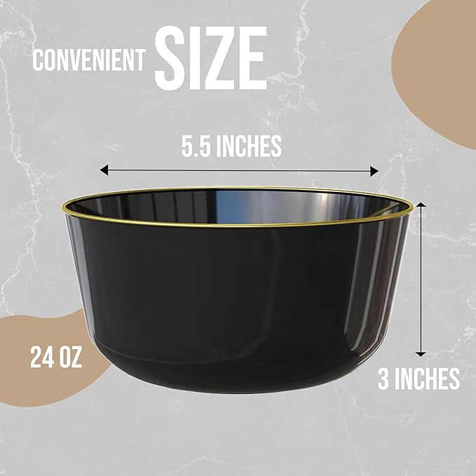 Trendables Plastic Bowls Disposable Bowls 24 Oz Bowl Set Of 20 Black Gold Rimmed Fancy Plastic Serving Dishes Perfect for Parties and Events Disposable Candy Bowl