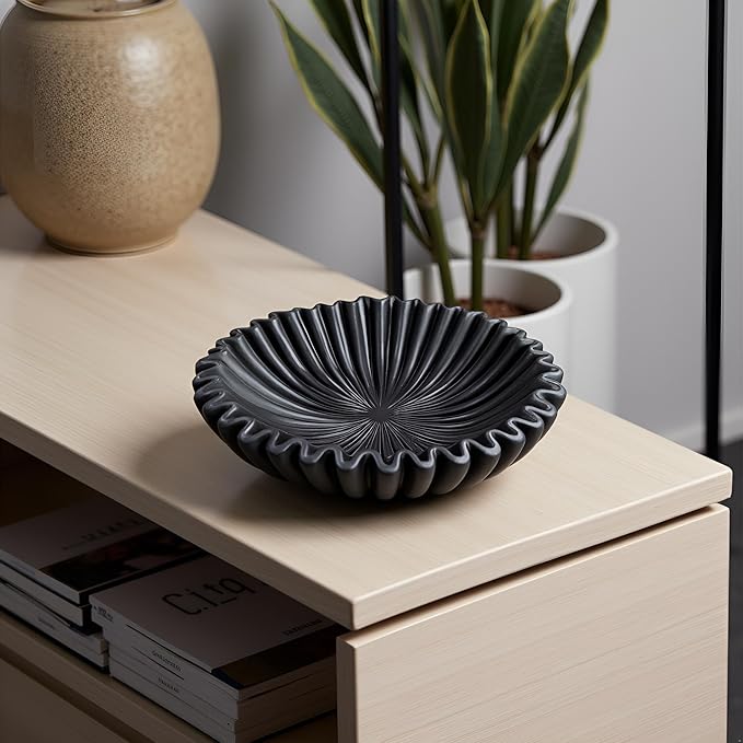 10" Large Decorative Bowl decor, Scalloped Bowls for Modern Home Decor,Ruffle Decor,Stylish Key Bowl for Entry Table,Decorative Fruit Bowl for Kitchen Counter,Black