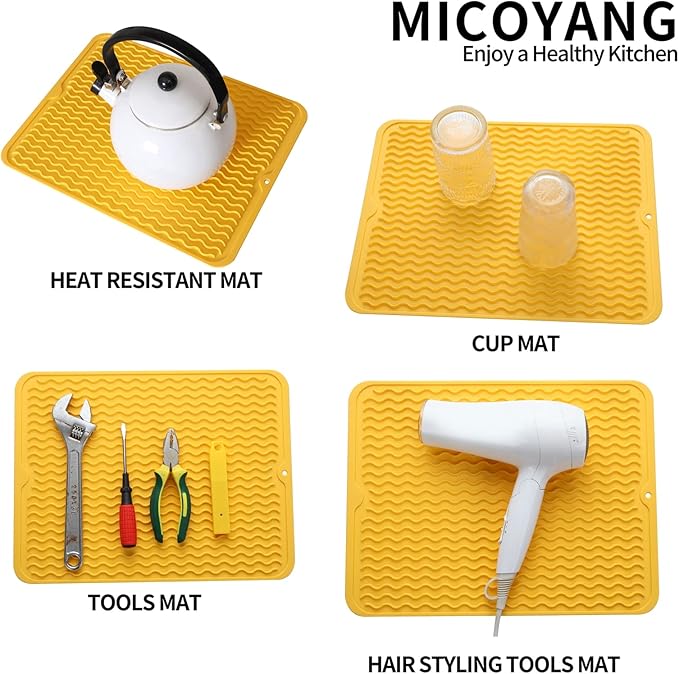Silicone Dish Drying Mat for Multiple Usage,Easy clean,Eco-friendly,Heat-resistant Silicone Mat for Kitchen Counter or Sink,Refrigerator or drawer liner Yellow L 16 inches x 12 inches