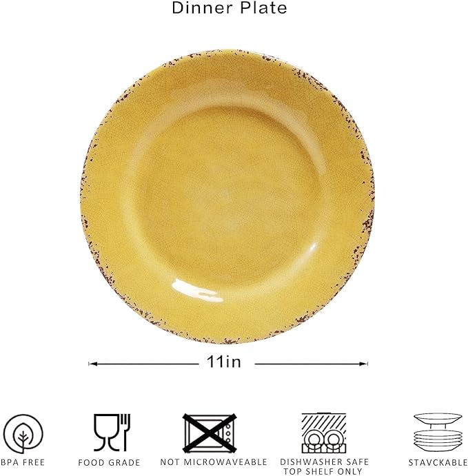 Farmhouse Melamine Dinner Plate Set, 6 Piece 11-inch Chip Resistant, Lightweight Round Kitchen Plates Set for Salad, Pasta –Unbreakable RV, Camping Dining Serving Dishes for Parties, Yellow…