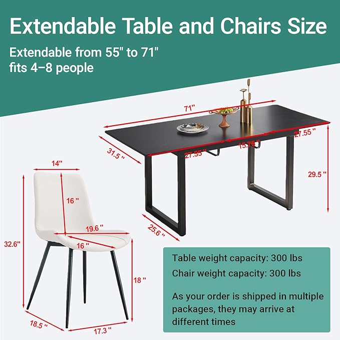 Extendable Dining Table Set for 4, 55"–71" Modern Black Kitchen Table with 4 Upholstered Chairs, Space-Saving for Living Room Apartment, Sturdy & Comfortable, Easy Assembly