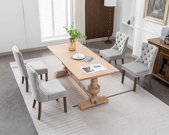 KCC Velvet Dining Chairs Set of 4, Upholstered High-end Tufted Dining Room Chair with Nailhead Back Ring Pull Trim Solid Wood Legs, Nikki Collection Modern Style for Kitchen, Light Grey