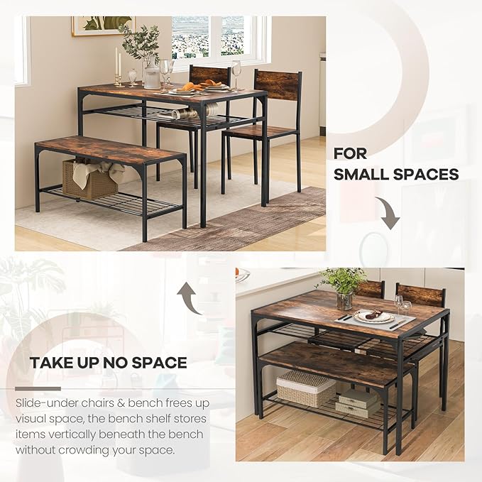 NAFORT Dining Table Set for 4, Kitchen Table with 2 Chairs and Bench, Rustic Wood Dining Set with Metal Storage Shelf, 4-Piece Space-Saving Dinette Sets for Kitchen&Dining Room, Apartment