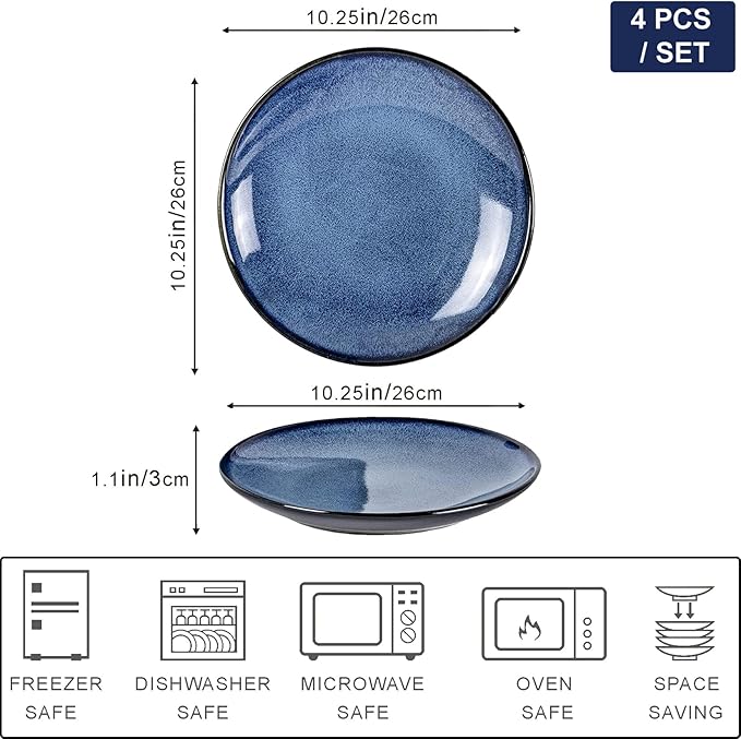UNICASA Ceramic Dinner Plates Set of 4, Porcelain 10.25 Inch Pasta Plate Set, Reactive Glaze Serving Dishes for Steak, Salad, Pizza, Dishwasher & Microwave Safe (Blue)