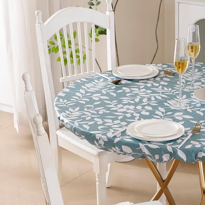 Walrus Round Vinyl Fitted Tablecloth with Flannel Backing Elastic Edge Design Table Cover Waterproof Oil-Proof PVC Table Cloth Stain-Resistant Best for 37"-44" Round