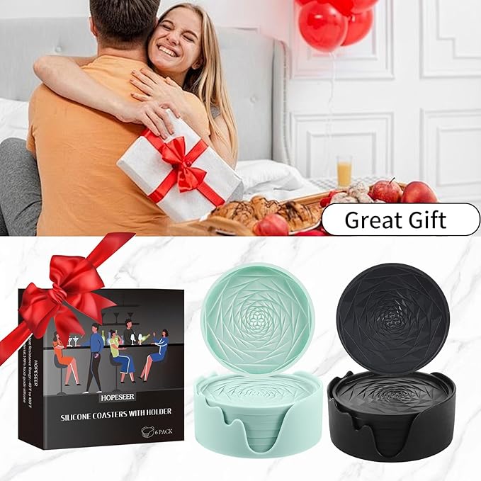 Silicone Coasters Set of 6 with Holder, Unique Rose Petal Design, Drink Coasters for Table Protection, Cup Mat for Hot-Cold Beverages, Modern Non-Slip, Non-Stick Design, Ideal Gift(6 Pack, Black)