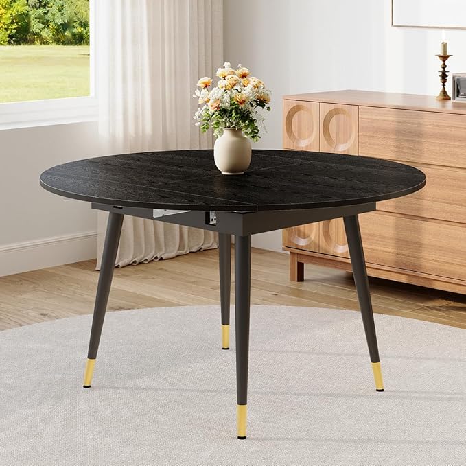Extendable Dining Room Table｜53” Round Dining Table for 4-6｜Black Wooden Tabletop with Metal Legs｜Stable and Sturdy｜Easy Transform｜Easy Assembly｜Space Saving｜for Kitchen, Living Room