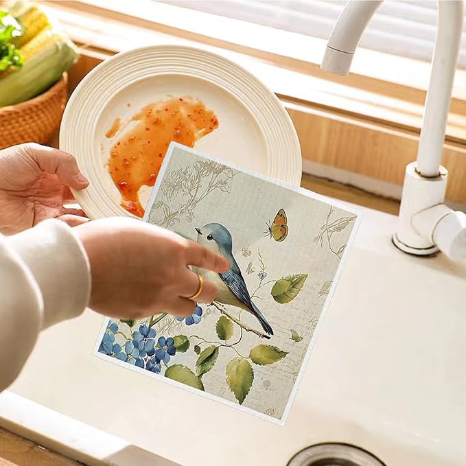 Bird Swedish Dishcloths for Kitchen, Swedish Dish Cleaning Cloths for Spring，Papaya Reusable Paper Towels, 4 Pack Dish Towels for Kitchen, Reusable Paper Dishcloths Washable