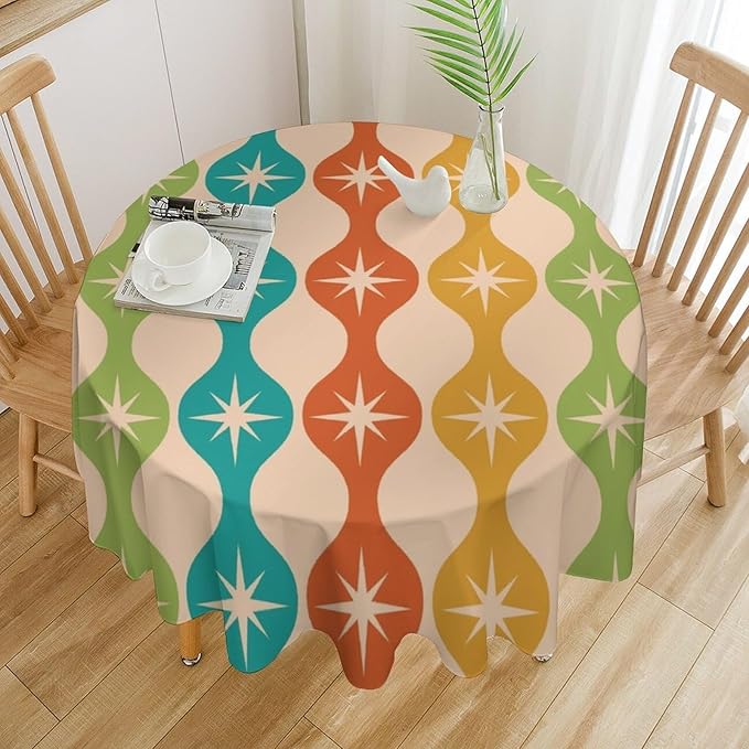 Mid Century Modern Round Tablecloth, Vintage Abstract Colorful Geometric Tablecloth for Home Party Dining Room Kitchen Decor 70Inch(178cm)