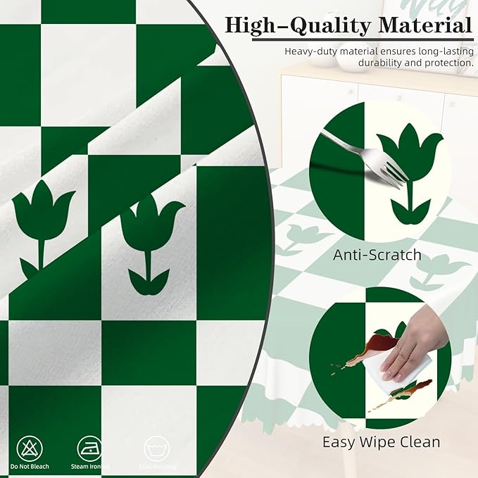 Laeacco 54 Inch Geometric Round Tablecloth Green White Plaid Square Flower Modern Abstract Art Print Table Cloth Washable Waterproof Wrinkle Free Table Cover for Kitchen Dining Picnic Party Decor