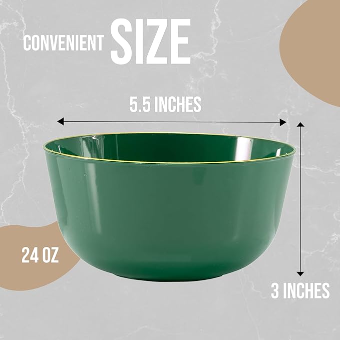 Trendables Plastic Bowls Disposable Bowls 24 Oz Bowl Set Of 20 Green Gold Rimmed Fancy Plastic Serving Bowls Perfect Plastic Ice Cream Bowls Plastic Salad Bowls Plastic Candy Bowl