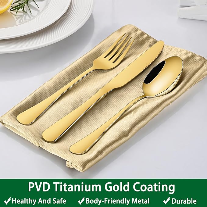 30 PCs Gold Flatware Sets Service For 6 Person,Shiny Gold Stainless Steel Silverware Sets Dinner Knives Fork And Spoons For Home Party And Wedding