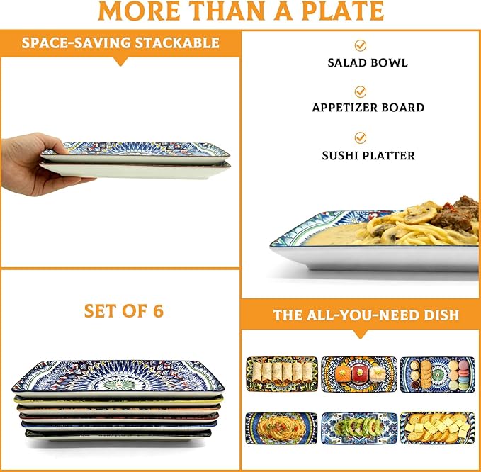 10 Inch Rectangular Ceramic Plates Set of 6 - Bohemian Floral Design in 6 Vibrant Colors, Oven & Microwave Safe Porcelain Appetizer, Salad & Dessert Plates
