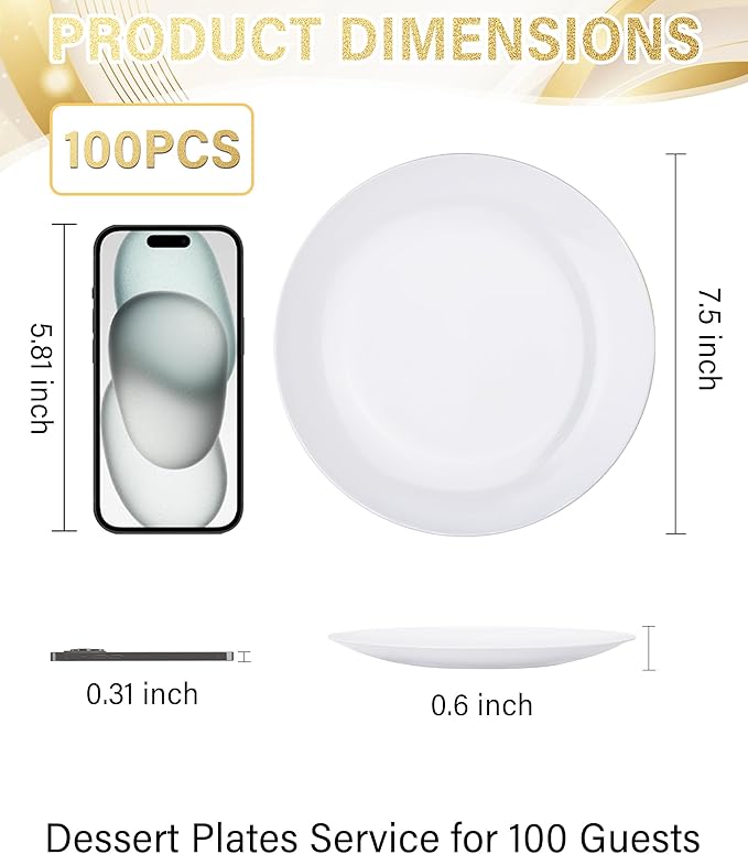 Nervure 100Pcs White Plastic Plates - 7.5inch Disposable White Dessert/Salad Plates - Heavy Duty Plastic Plate Ideal for Wedding & Party