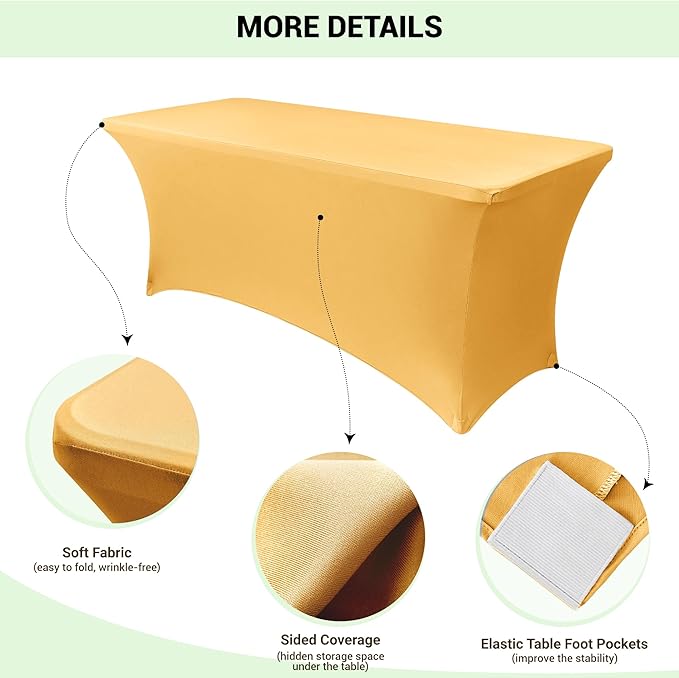 Obstal 6 Pack Spandex Stretch Table Covers for 6 Foot Tables - 6 FT Rectangular Fitted Tablecloth Protector for Wedding, Banquet, Party (Gold, 72'' Length x 30'' Width x 30'' Height)