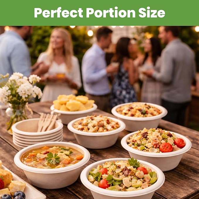 Disposable Paper Bowls, 200 Pack 8 oz, Heavy-Duty Compostable, Eco-Friendly, Bagasse Bowl for Soup, Salad, Dessert & More