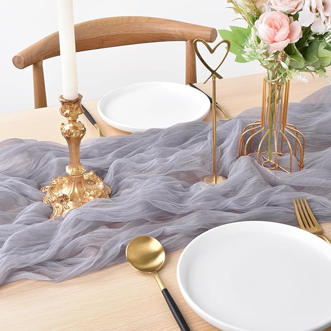 Joanlody Light Gray Cheesecloth Table Runner Spring Easter 10Ft Rustic Gauze Boho Cheese Cloth Table Runner for Wedding Bridal Baby Shower Decoration 4 Pack