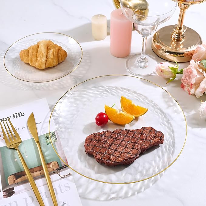 FOCUSLINE 60Pcs Clear Plastic Plates, Clear Disposable Plates with Gold Rim, 30 7" Salad Dessert Plate and 30 10" Dinner Plate Heavy-duty Hammered Plates for Party, Wedding