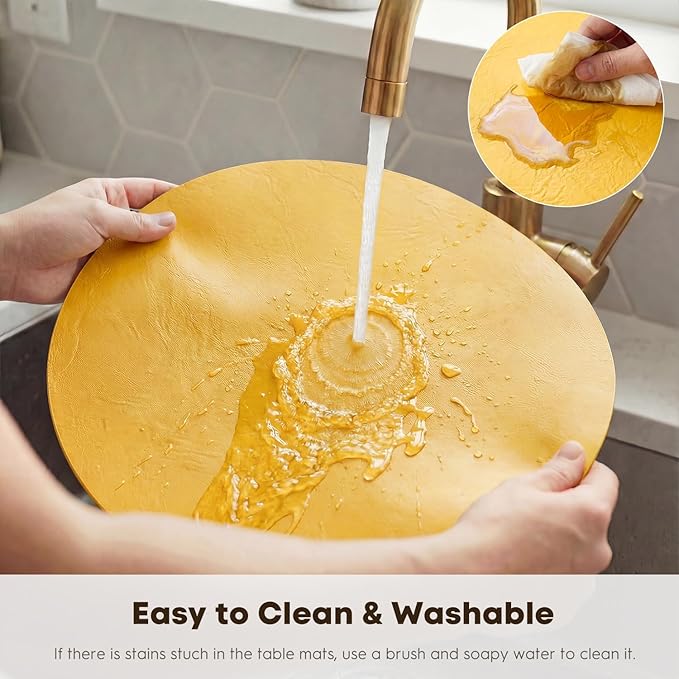 Artoid Mode Yellow Faux Leather Placemats Set of 6, 15 Inch Waterproof Wipeable Heat Resistant Vinyl Place Mats, Reversible Table Mats for Summer Kitchen Dining Decor