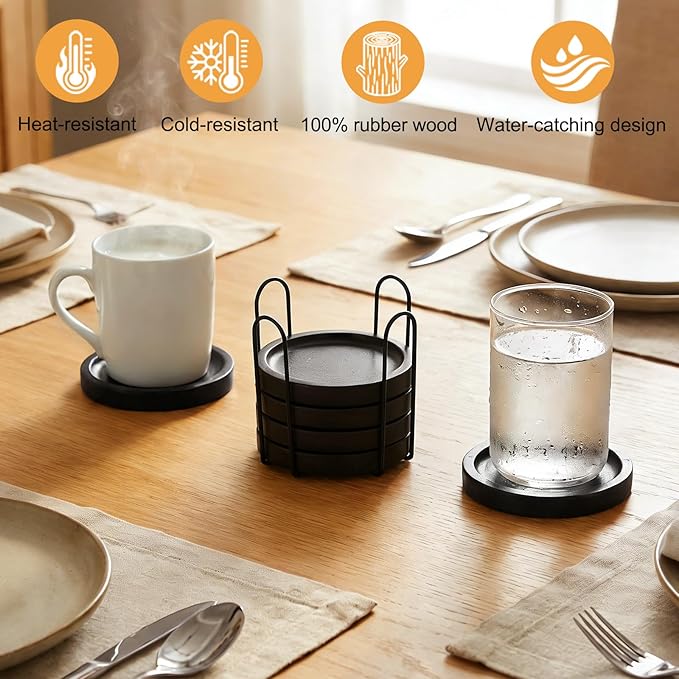 Wooden Coasters for Drinks Set of 6 with Holder, Handicrafted Solid Wood Coasters, Minimalist Tabletop Protection for Coffee Table, Rustic Home Decor & Housewarming Gift