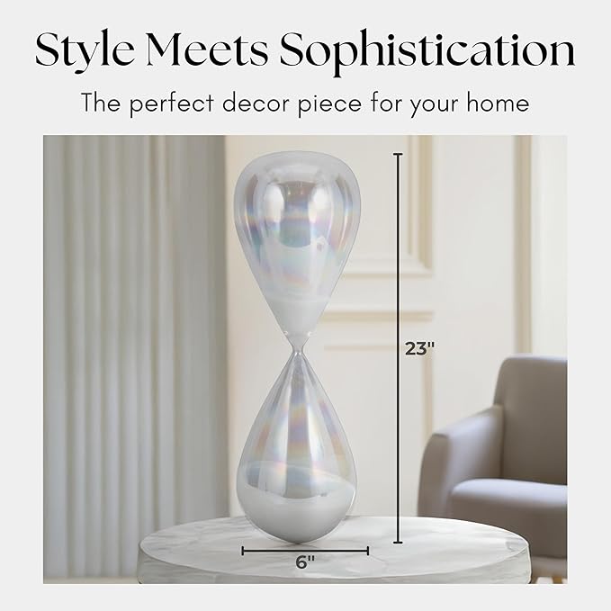 Cassandra Iridescent Hourglass Decorative Object – Small Glass Teardrop Silhouette Modern Home Decor – Shelf Display & Coffee Table Decor for Office & Living Room – 20", Frost