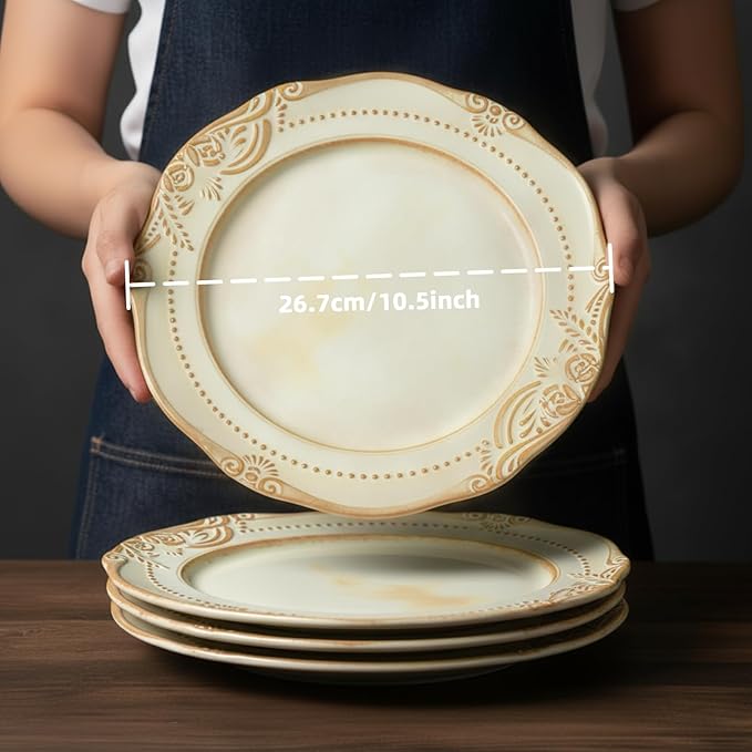 Ceramic Flat Plates Set of 4, 10.5 inch Reactive Glaze Stoneware Dish Set for Dessert, Salad, Appetizer, Dinner, Dishwasher & Oven Safe, Scratch Resistant-Faint Yellow