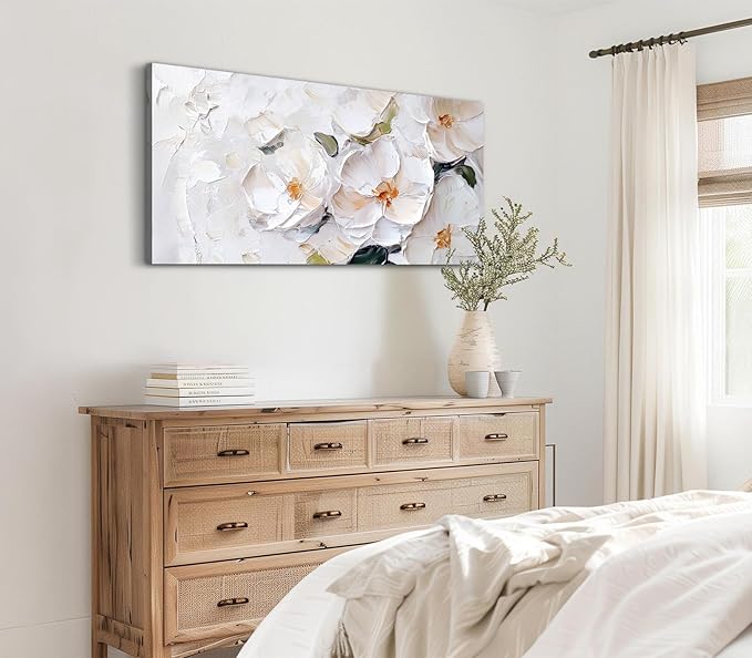 ADJUVANT Wall Art Impressionist Minimalist White Floral 40"L x 20"W, White Flowers With Subtle Tones Canvas Painting Delicate Petals Artwork Floral Wall Decor for Living Room Bedroom Bathroom Home Office